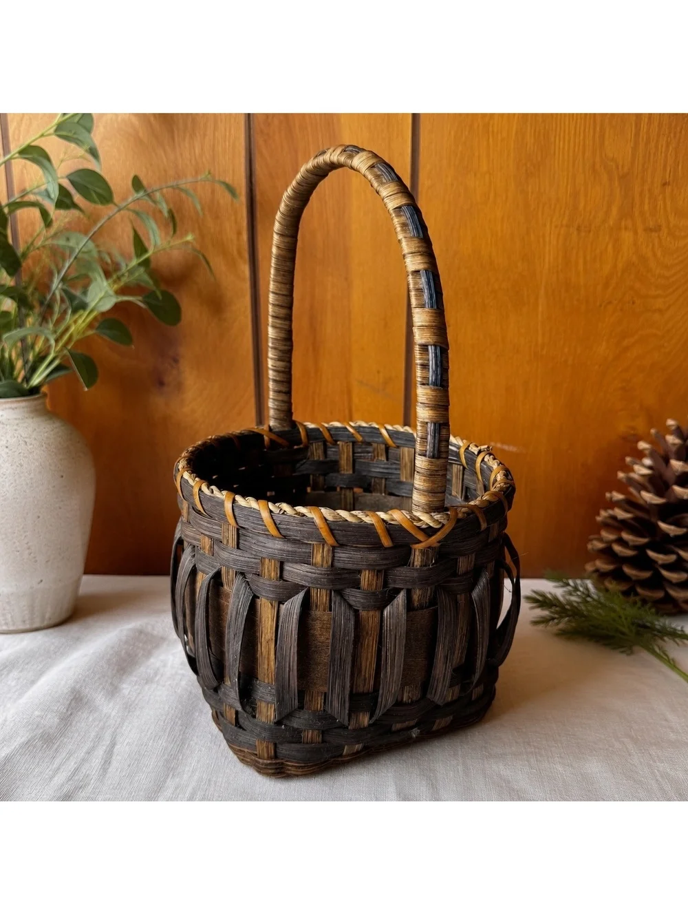 Handmade woven basket with tall handle 11.5 inch rustic farmhouse decor 87